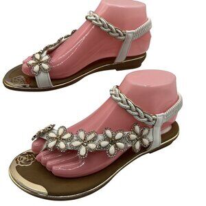 Atalina Womens 8 Toe Ring Floral White Beaded Sandals Gold Accents Braided Strap